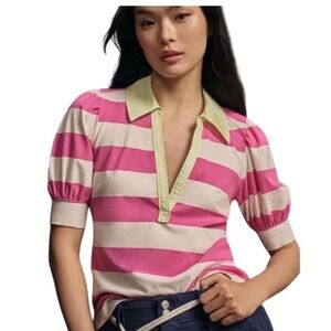 Anthropologie Maeve Pink Striped Puff Sleeve Green Polo Collar Rugby Shirt - M